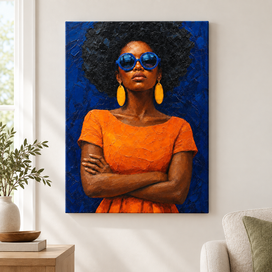 Confident Woman with Blue Sunglasses Floater Frame Canvas Wall Art | frameless close wall hero