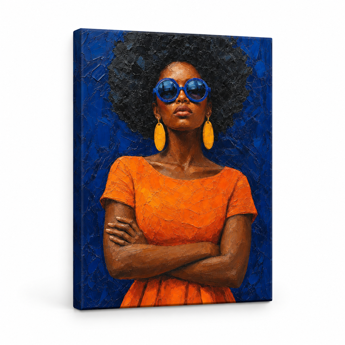 Confident Woman with Blue Sunglasses Floater Frame Canvas Wall Art | frameless stretched canvas SKU