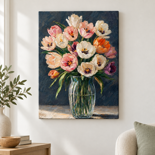Pink and White Tulips in Glass Vase Floater Frame Canvas Wall Art | frameless close wall hero