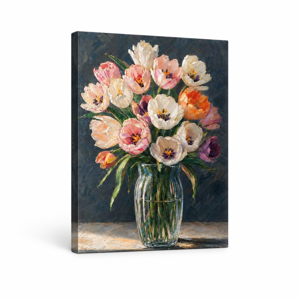 Pink and White Tulips in Glass Vase Floater Frame Canvas Wall Art | frameless stretched canvas SKU