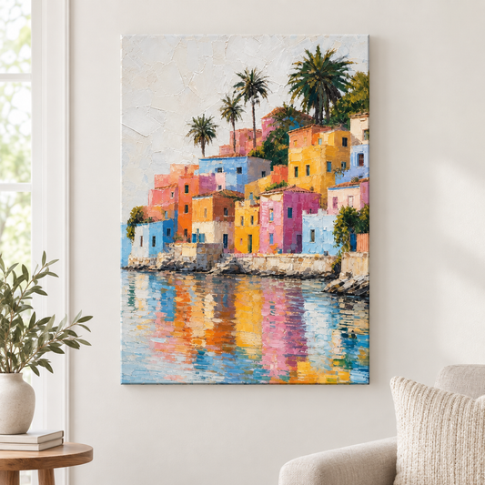 Colorful Mediterranean Coastal Village Floater Frame Canvas Wall Art | frameless close wall hero