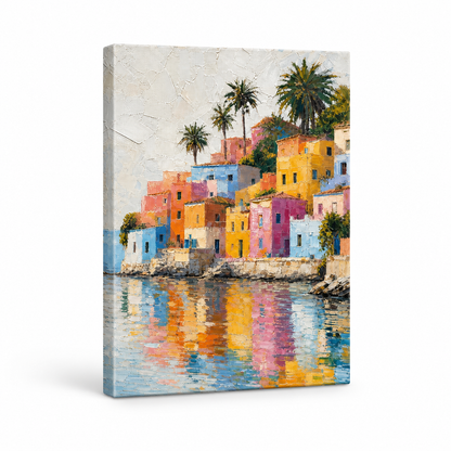 Colorful Mediterranean Coastal Village Floater Frame Canvas Wall Art | frameless stretched canvas SKU