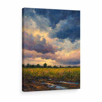 Storm Clouds Over Open Field Floater Frame Canvas Wall Art | frameless stretched canvas SKU