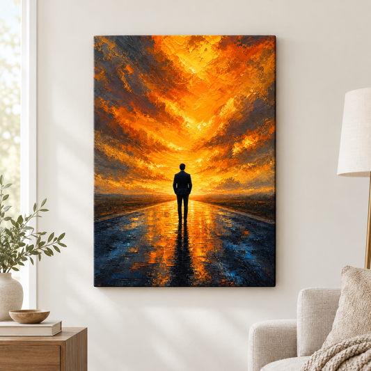 Solitary Man on Golden Horizon Floater Frame Canvas Wall Art | frameless close wall hero