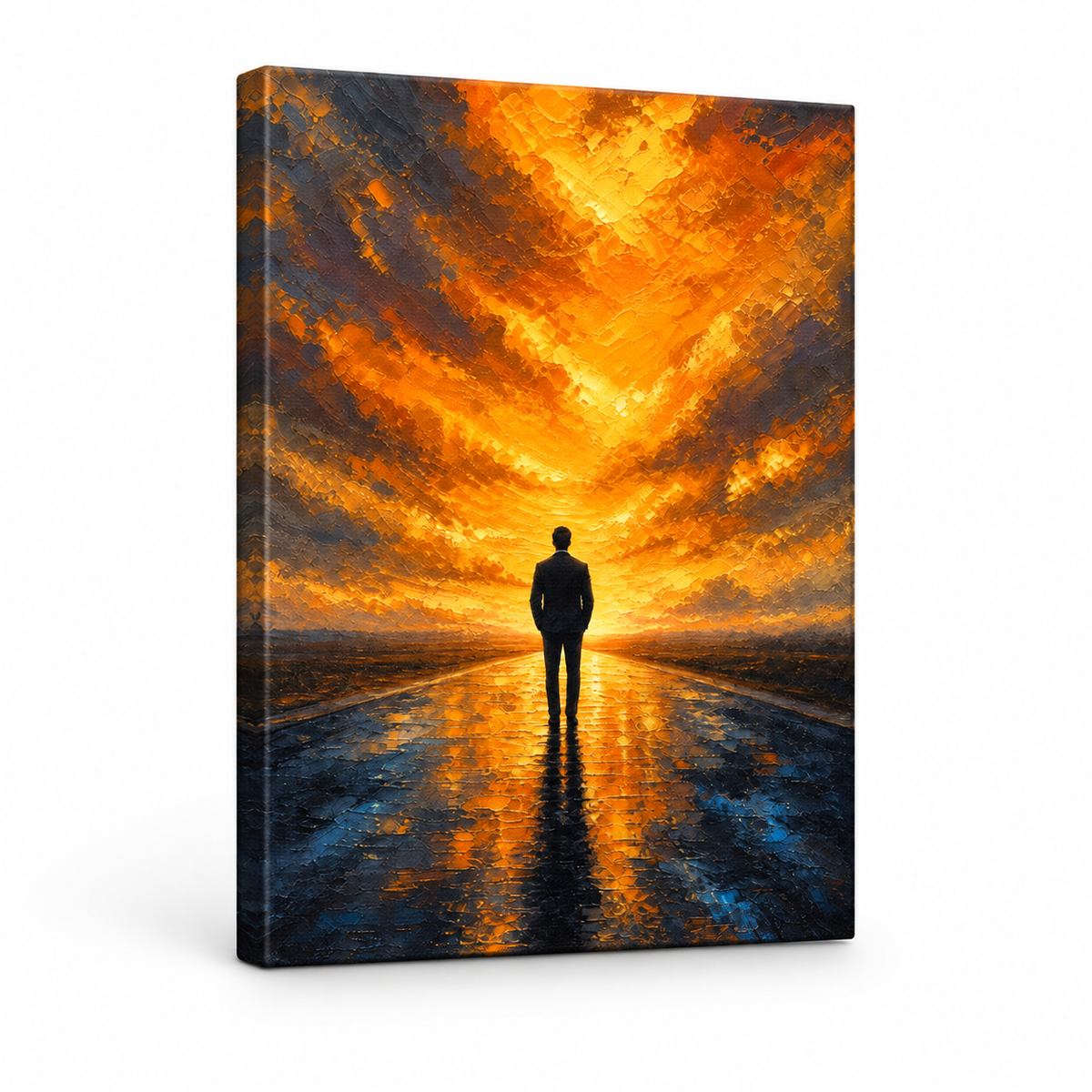 Solitary Man on Golden Horizon Floater Frame Canvas Wall Art | frameless stretched canvas SKU