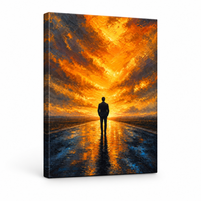 Solitary Man on Golden Horizon Floater Frame Canvas Wall Art | frameless stretched canvas SKU