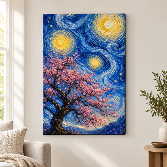 Pink Cherry Blossom Swirling Night Floater Frame Canvas Wall Art | frameless close wall hero