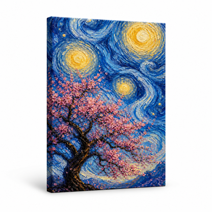 Pink Cherry Blossom Swirling Night Floater Frame Canvas Wall Art | frameless stretched canvas SKU