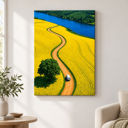 White Van Through Golden Fields Floater Frame Canvas Wall Art | frameless close wall hero