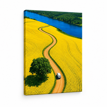 White Van Through Golden Fields Floater Frame Canvas Wall Art | frameless stretched canvas SKU