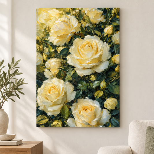 Cream White Roses Impasto Floral Floater Frame Canvas Wall Art | frameless close wall hero