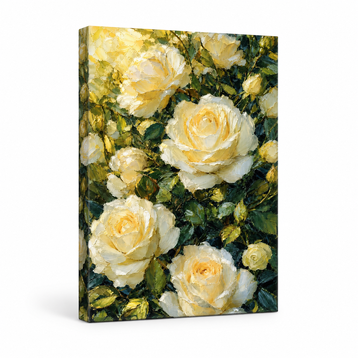 Cream White Roses Impasto Floral Floater Frame Canvas Wall Art | frameless stretched canvas SKU