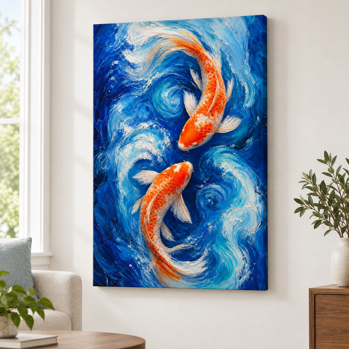 Two Koi in Blue Swirling Water Floater Frame Canvas Wall Art | frameless close wall hero
