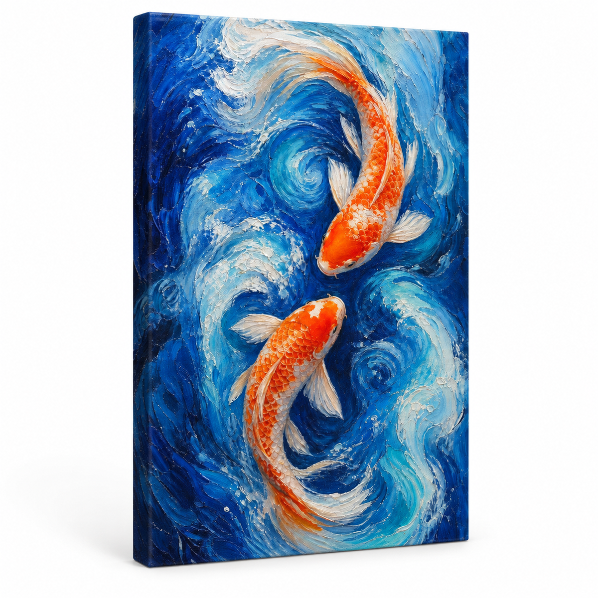 Two Koi in Blue Swirling Water Floater Frame Canvas Wall Art | frameless stretched canvas SKU