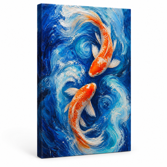 Two Koi in Blue Swirling Water Floater Frame Canvas Wall Art | frameless stretched canvas SKU