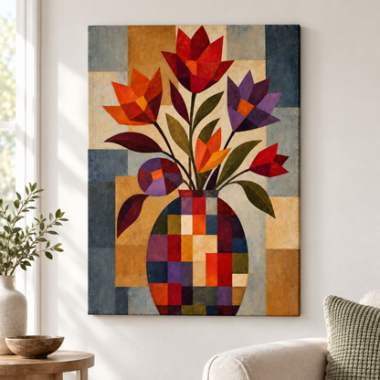 Geometric Mosaic Flower Vase Floater Frame Canvas Wall Art | frameless close wall hero