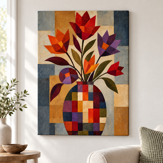 Geometric Mosaic Flower Vase Floater Frame Canvas Wall Art | frameless close wall hero