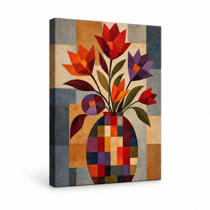 Geometric Mosaic Flower Vase Floater Frame Canvas Wall Art | frameless stretched canvas SKU