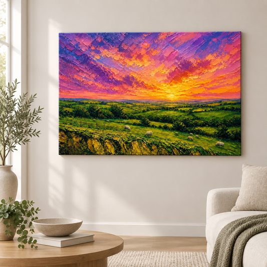 Golden Pastures Impasto Landscape Floater Frame Canvas Wall Art | frameless close wall hero