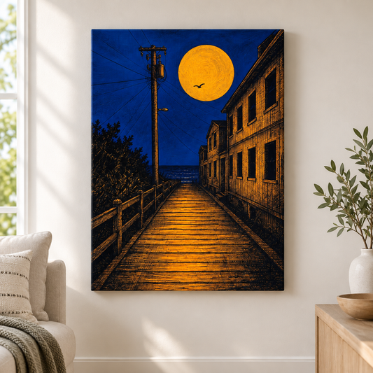 Moonlit Boardwalk Coastal Floater Frame Canvas Wall Art | frameless close wall hero