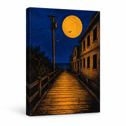 Moonlit Boardwalk Coastal Floater Frame Canvas Wall Art | frameless stretched canvas SKU