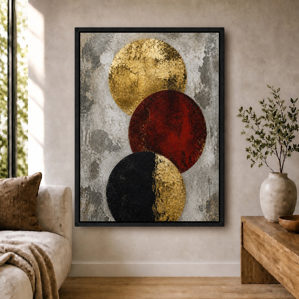 Industrial Gold Red Three Circles Floating Frame Wall Art - 02