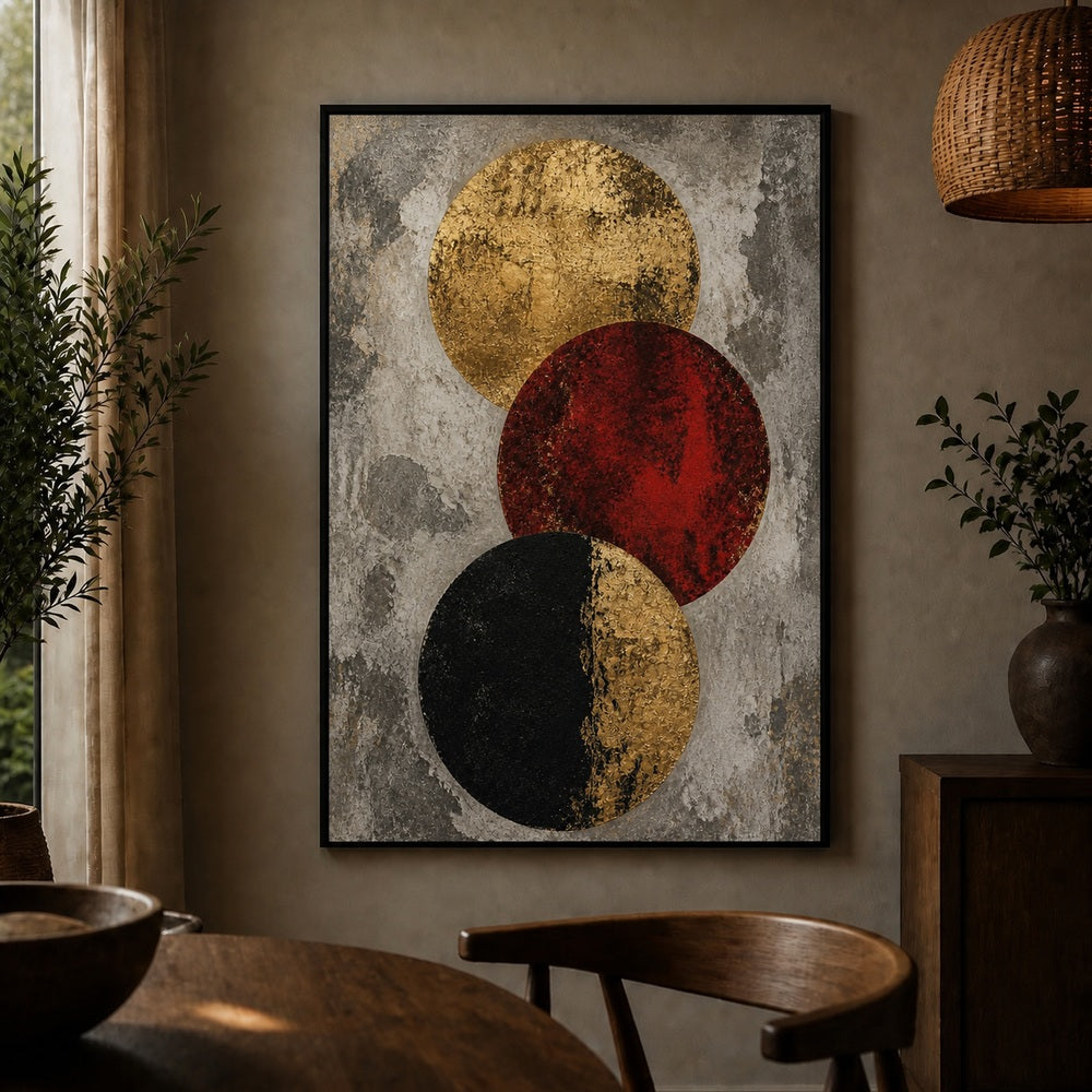 Industrial Gold Red Three Circles Floating Frame Wall Art - 02b