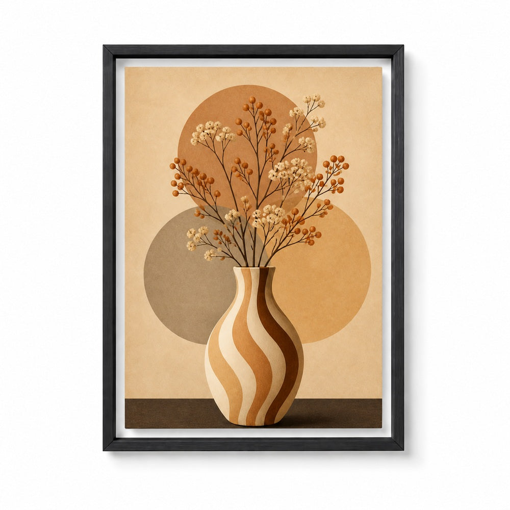 Wavy Stripe Vase Earthtone Circles Floating Frame Wall Art - 01