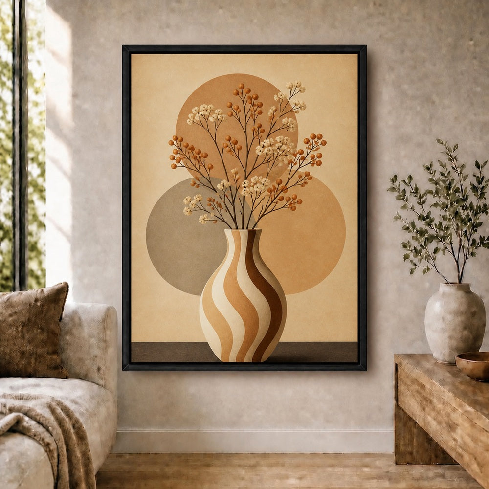 Wavy Stripe Vase Earthtone Circles Floating Frame Wall Art - 02