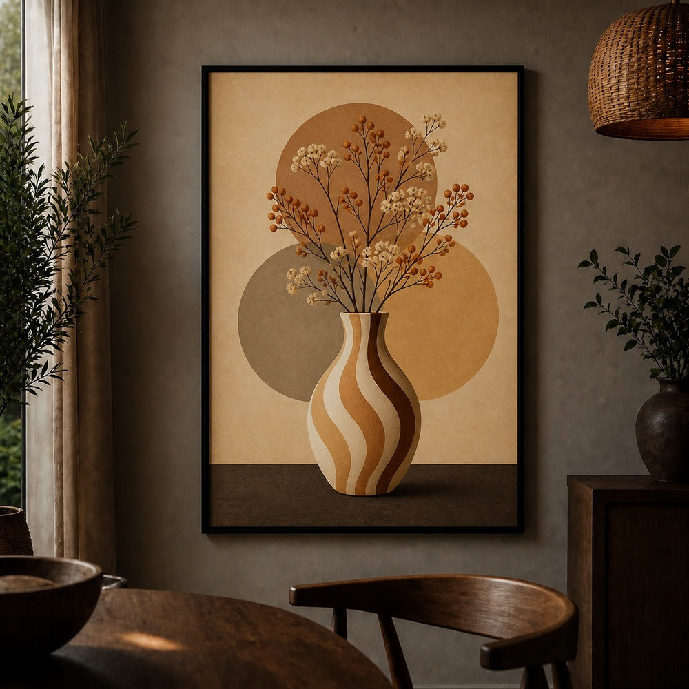 Wavy Stripe Vase Earthtone Circles Floating Frame Wall Art - 02b