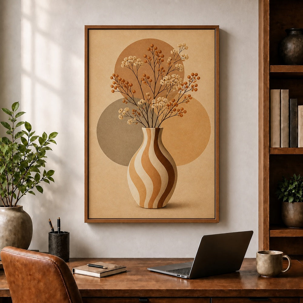 Wavy Stripe Vase Earthtone Circles Floating Frame Wall Art - 05