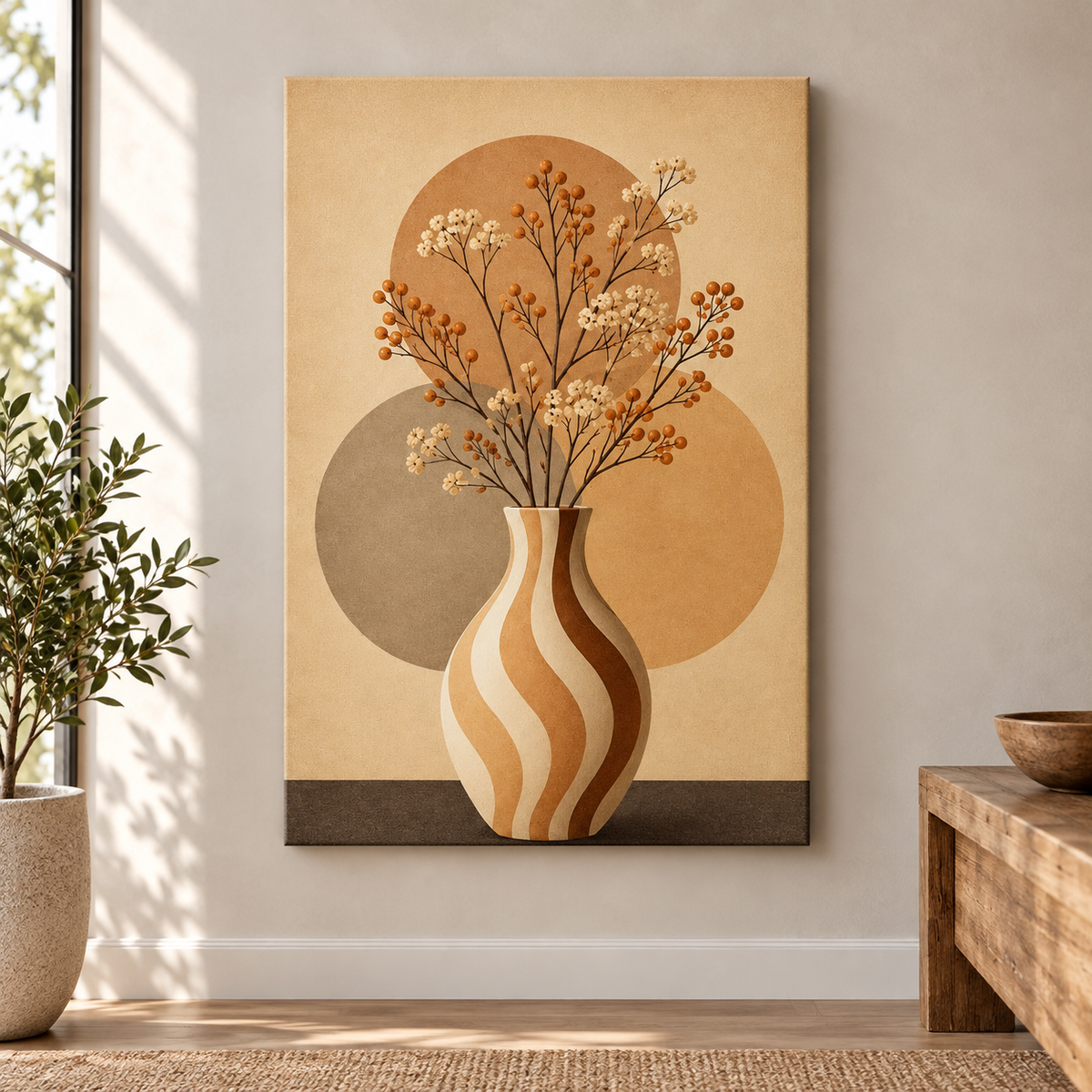 Wavy Stripe Vase Earth-Tone Circles Floater Frame Canvas Wall Art | frameless close wall hero