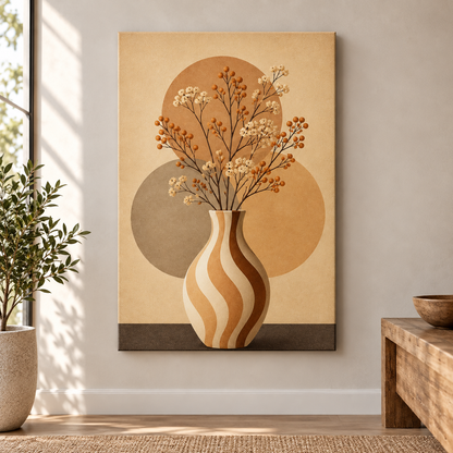 Wavy Stripe Vase Earth-Tone Circles Floater Frame Canvas Wall Art | frameless close wall hero
