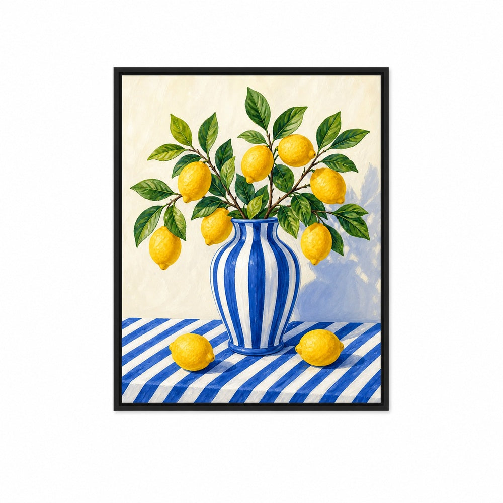 Blue Stripe Lemon Still Life Floating Frame Wall Art - 01