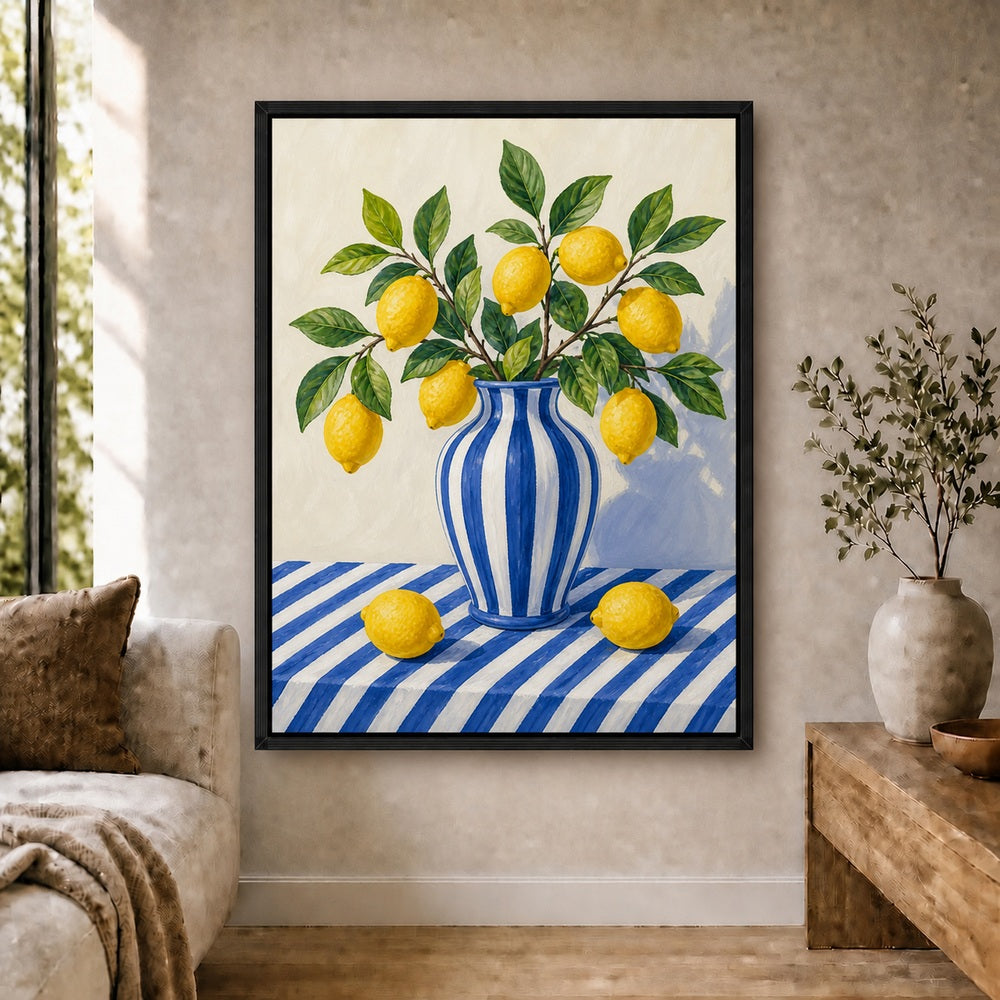 Blue Stripe Lemon Still Life Floating Frame Wall Art - 02