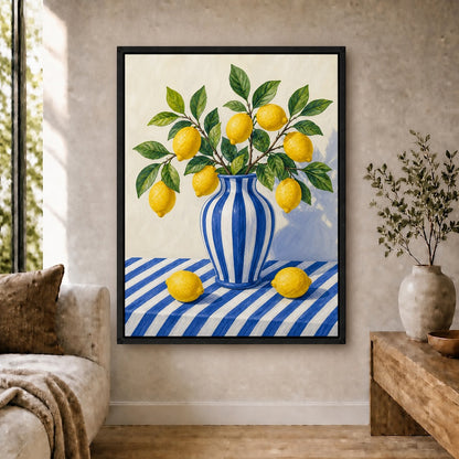 Blue Stripe Lemon Still Life Floating Frame Wall Art - 02