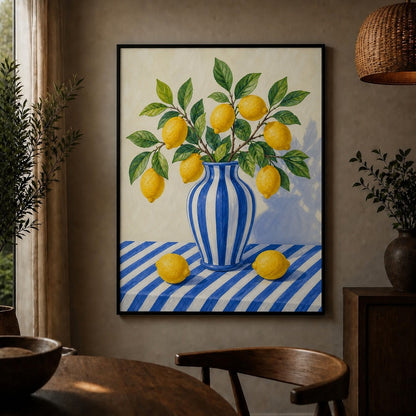 Blue Stripe Lemon Still Life Floating Frame Wall Art - 02b