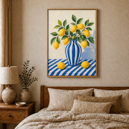 Blue Stripe Lemon Still Life Floating Frame Wall Art - 04