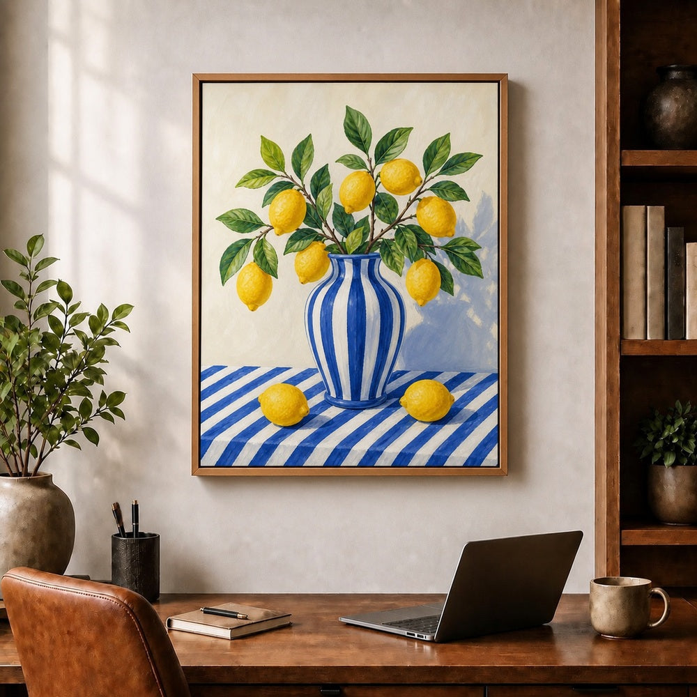 Blue Stripe Lemon Still Life Floating Frame Wall Art - 05
