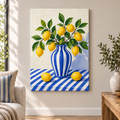 Blue Stripe Lemon Still Life Floater Frame Canvas Wall Art | frameless close wall hero