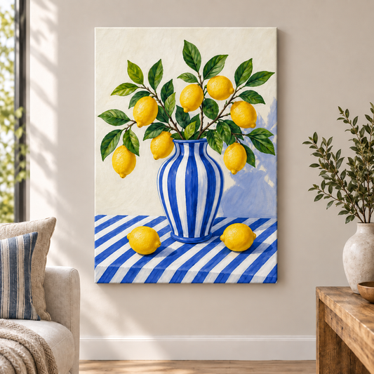 Blue Stripe Lemon Still Life Floater Frame Canvas Wall Art | frameless close wall hero