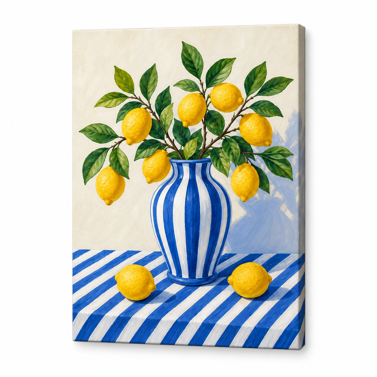 Blue Stripe Lemon Still Life Floater Frame Canvas Wall Art | frameless stretched canvas SKU