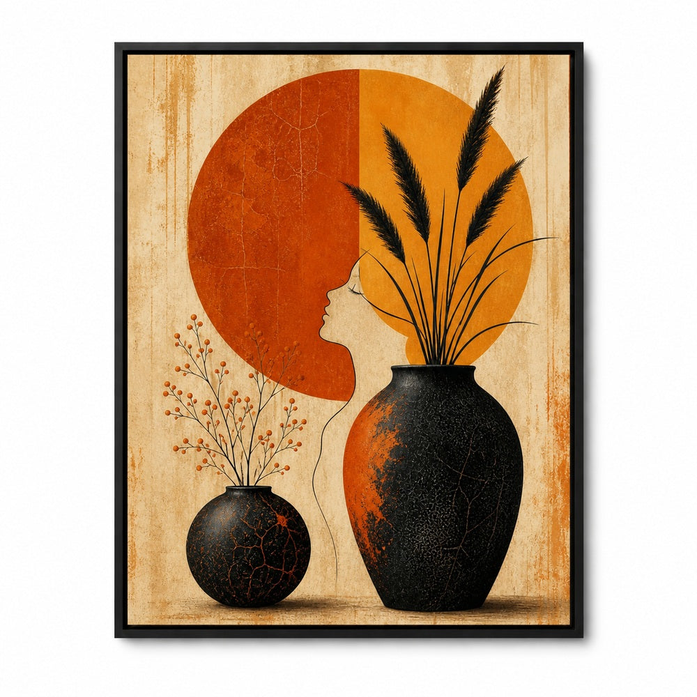 Mid Century Black Vases Split Sun Floating Frame Wall Art - 01