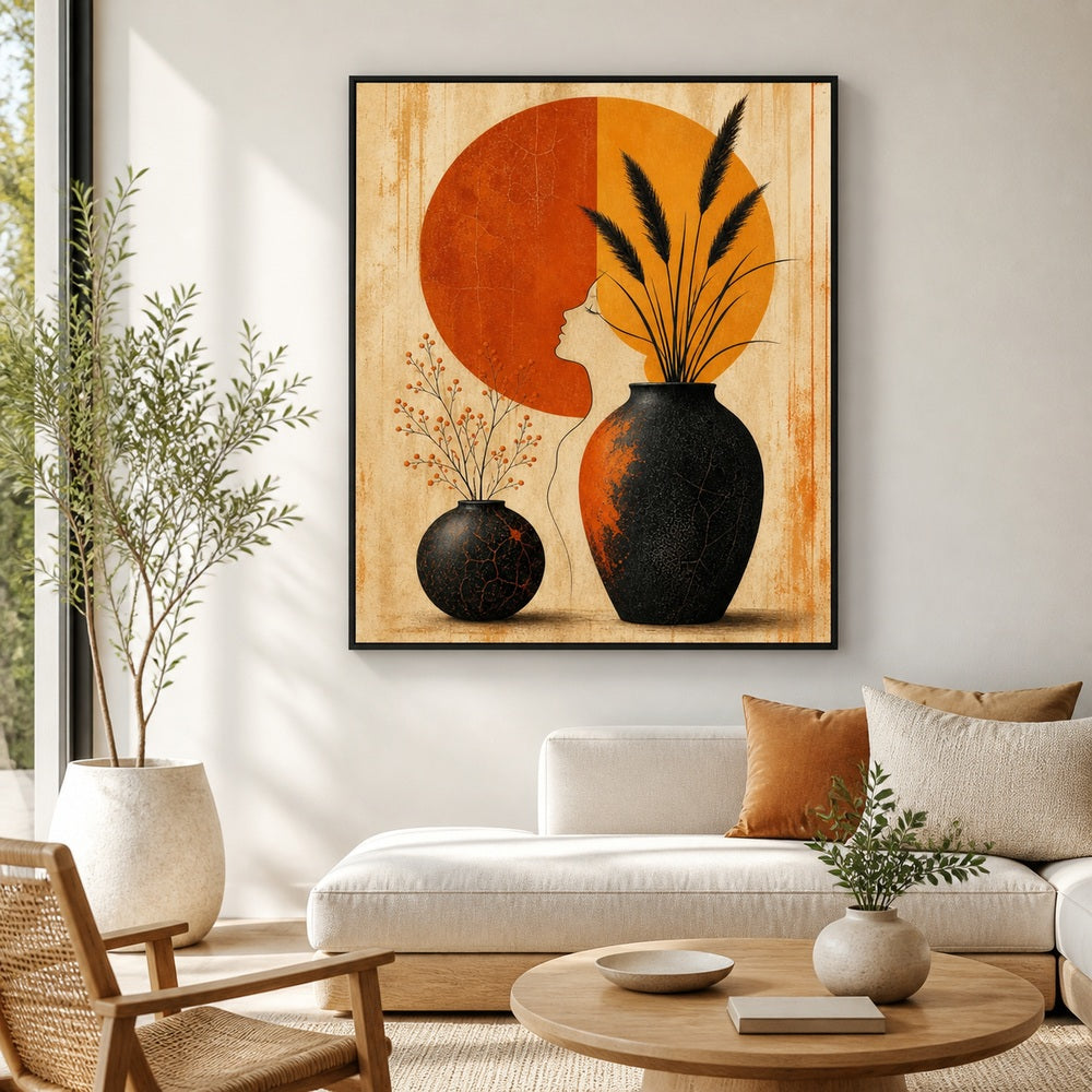 Mid Century Black Vases Split Sun Floating Frame Wall Art - 02