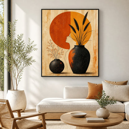 Mid Century Black Vases Split Sun Floating Frame Wall Art - 02