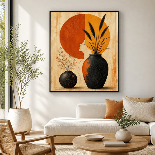 Mid Century Black Vases Split Sun Floating Frame Wall Art - 02
