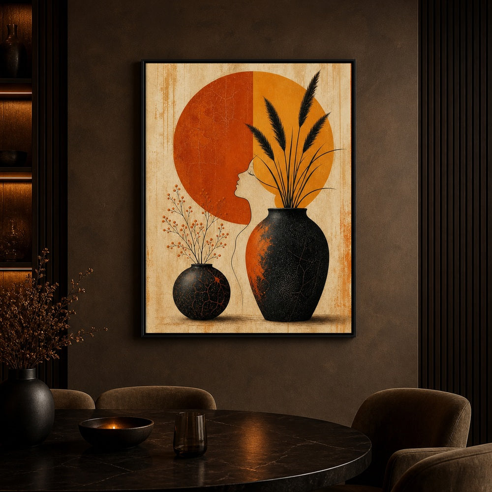 Mid Century Black Vases Split Sun Floating Frame Wall Art - 02b
