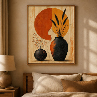 Mid Century Black Vases Split Sun Floating Frame Wall Art - 04