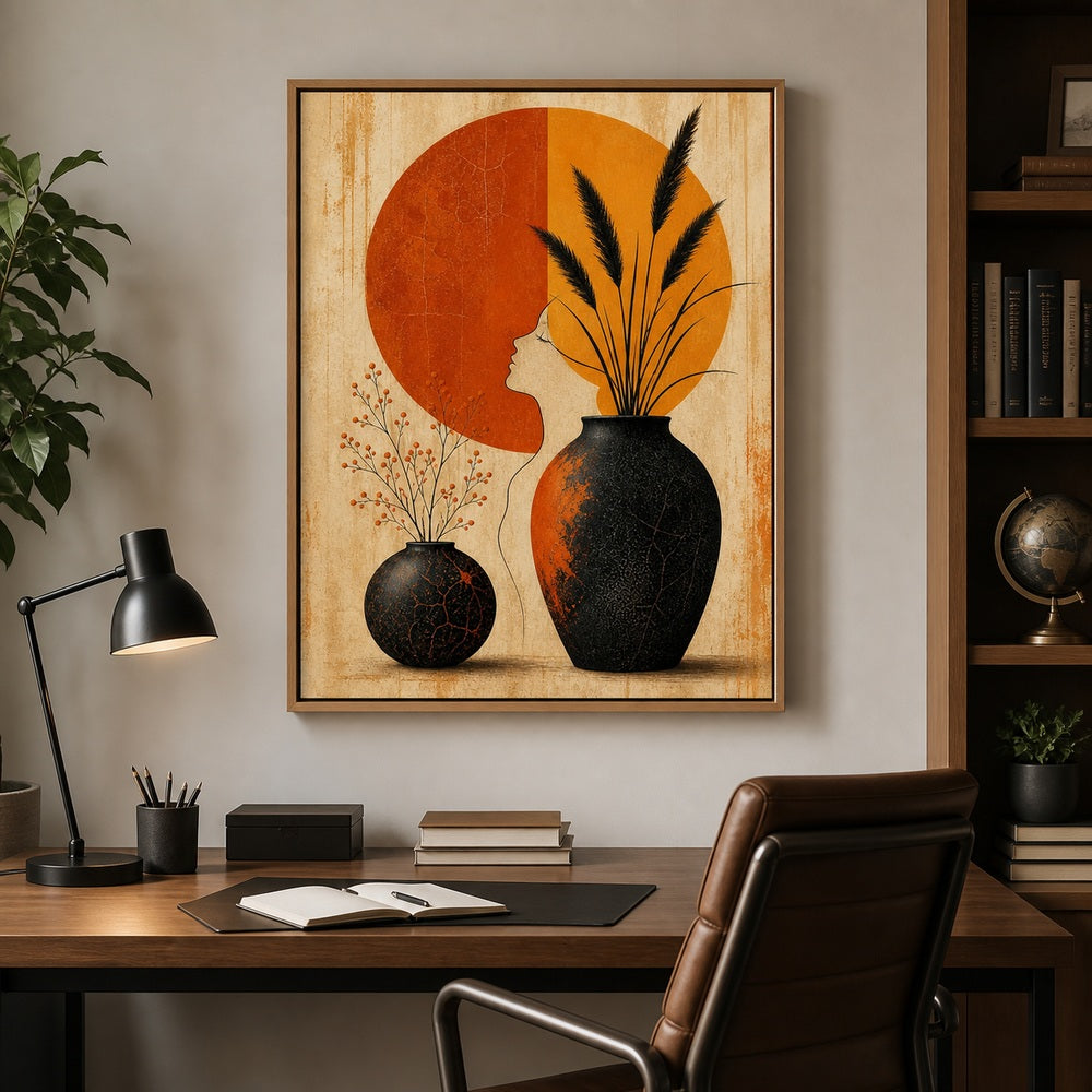 Mid Century Black Vases Split Sun Floating Frame Wall Art - 05