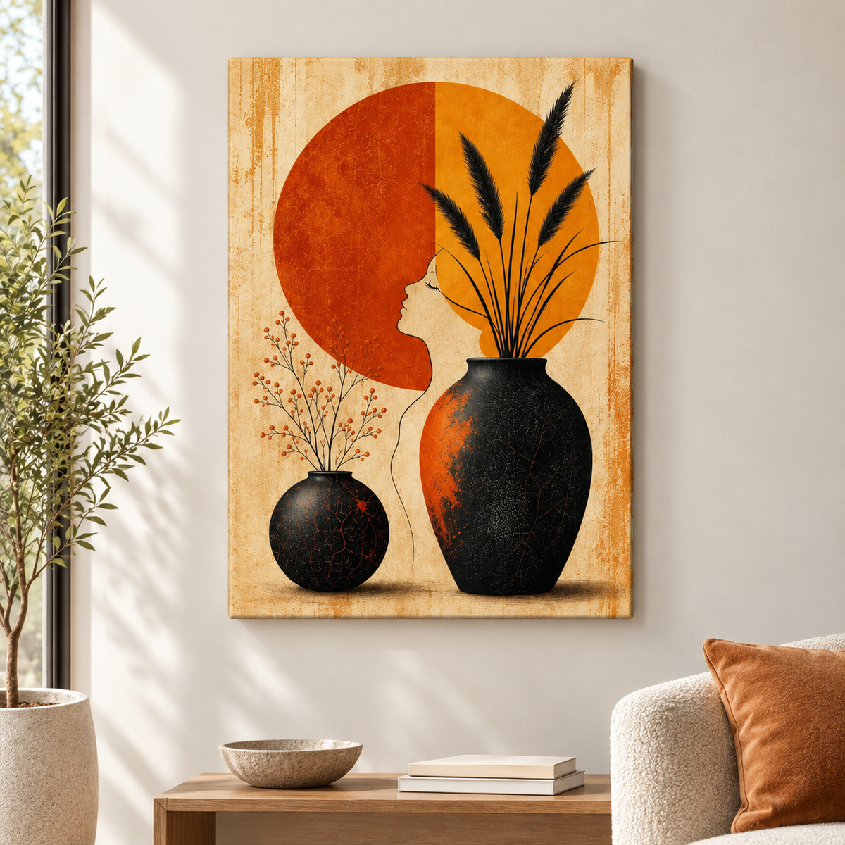 Mid Century Black Vases Split Sun Floater Frame Canvas Wall Art | frameless close wall hero